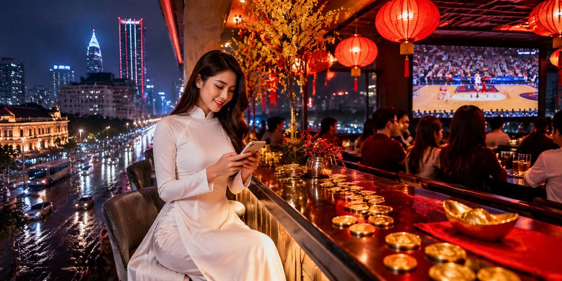 Người chơi tại TP. Hồ Chí Minh đặt cược bóng rổ trên ứng dụng điện thoại với trang phục áo dài
